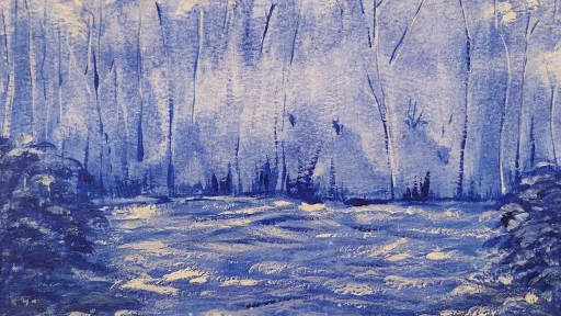 Acrylic painting of snowy forest reflected in water.