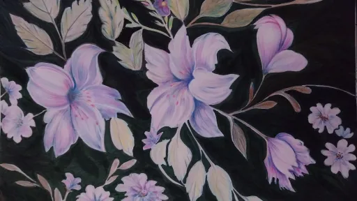 Color pencil artwork of pale purple floral and leaf arrangement.