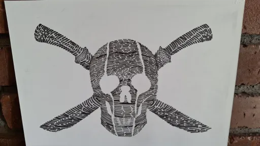 Intricate pen ink drawing of skull and machetes as crossbones.