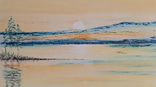 Pastel painting of a lake at sunset.