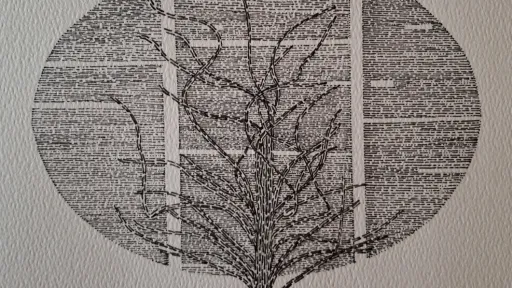 Pointillism art of a bare tree in an oval frame in pen
