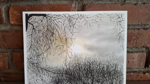 Ink and charcoal painting of a winter tree line with sun.