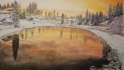 Color pencil painting of lake reflecting an orange sunset.