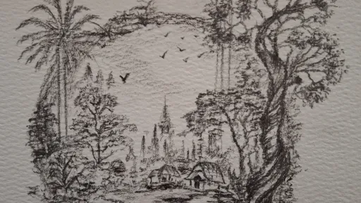 Illustration of a tropical forest with a river inside a circle