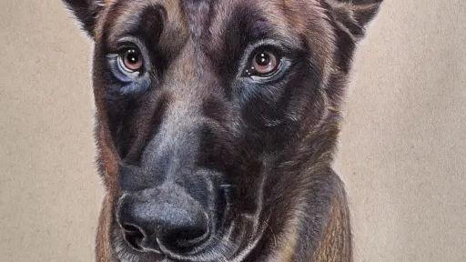 Dog portrait drawing, colored pencils on tan paper.