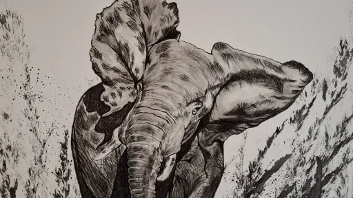 Ink drawing of an elephant in tall grass