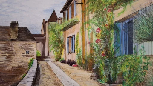 Color pencil of a charming European alley, stone buildings with climbing roses.