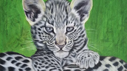 Painted portrait of a baby snow leopard with blue eyes, resting on its parent with a green forest background.