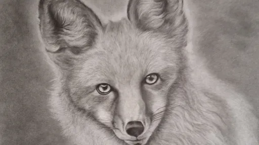 Detailed charcoal drawing of a fox, facing forward with expressive eyes.