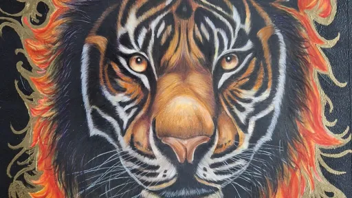 Stylized tiger head in pencil and acrylic, wreathed in vibrant orange flames and intricate gold designs.