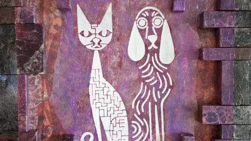 Textured acrylic artwork: stylized white cat and dog with intricate patterns on purple, framed by dark blocks.