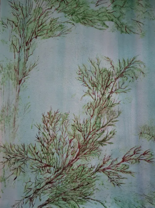 Mixed media artwork of pine leaves.
