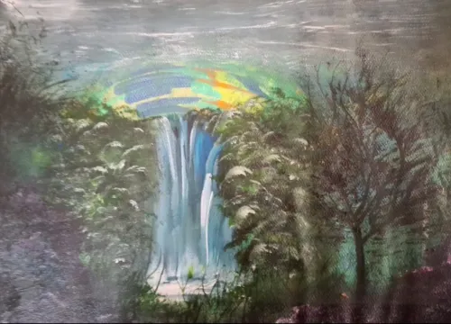 Acrylic painting of a waterfall with bright sky.
