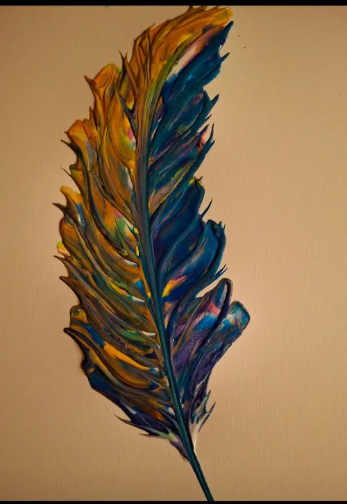Artwork shows a feather created using acrylic.