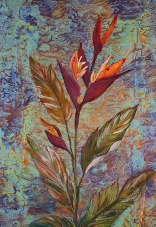 Botanical acrylic painting of bird of paradise flower.