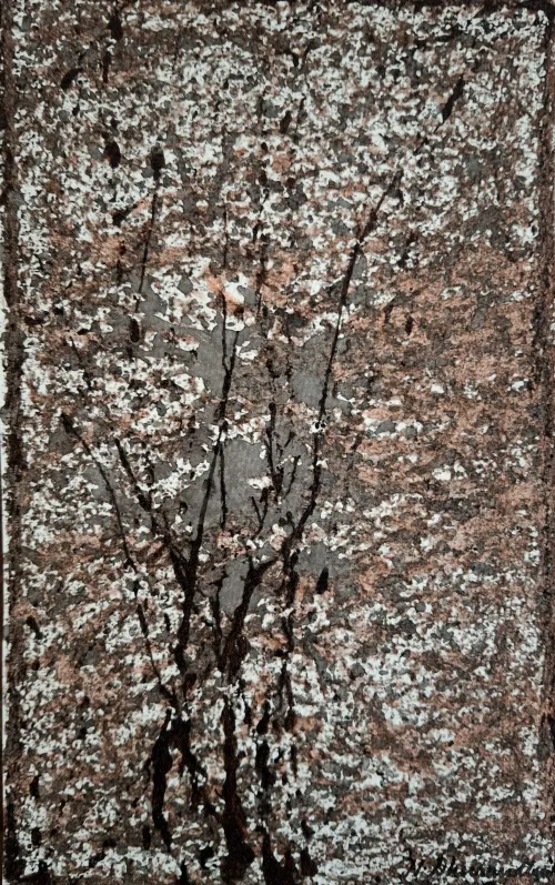 Artwork of a tree with dense pink and white flowers.