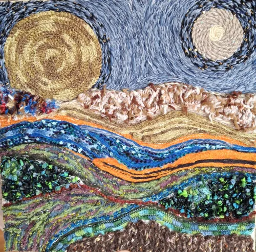 Textile art of a vibrant, textured landscape under a swirling night sky.