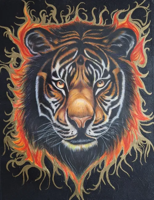 Stylized tiger head in pencil and acrylic, wreathed in vibrant orange flames and intricate gold designs.
