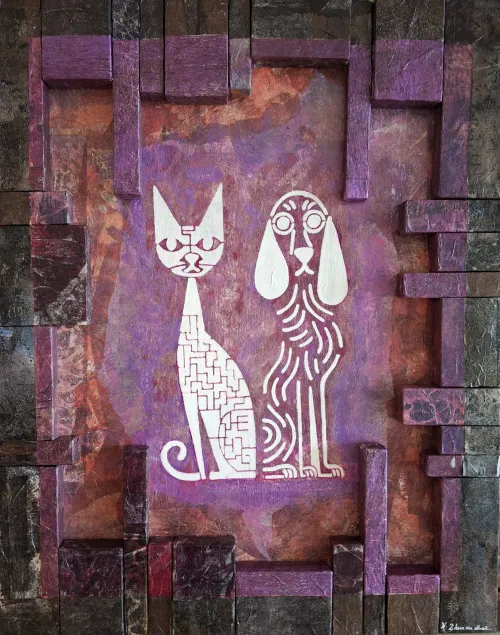 Textured acrylic artwork: stylized white cat and dog with intricate patterns on purple, framed by dark blocks.